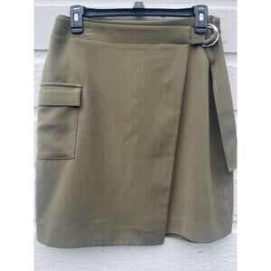 NINE WEST Skirt Womens S Olive Green Faux Wrap Buckle Tie Waist Military Cargo